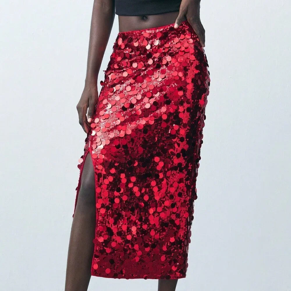 Red Party Women's Sequin Fitted Split Design Skirt